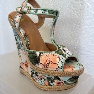 Floral Green and Blue Wedge Sandals with Platform Heel- Madison by Shoedazzle